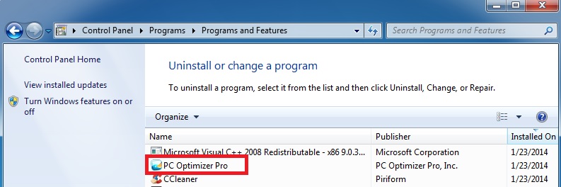 Unisntall PC Optimizer Pro