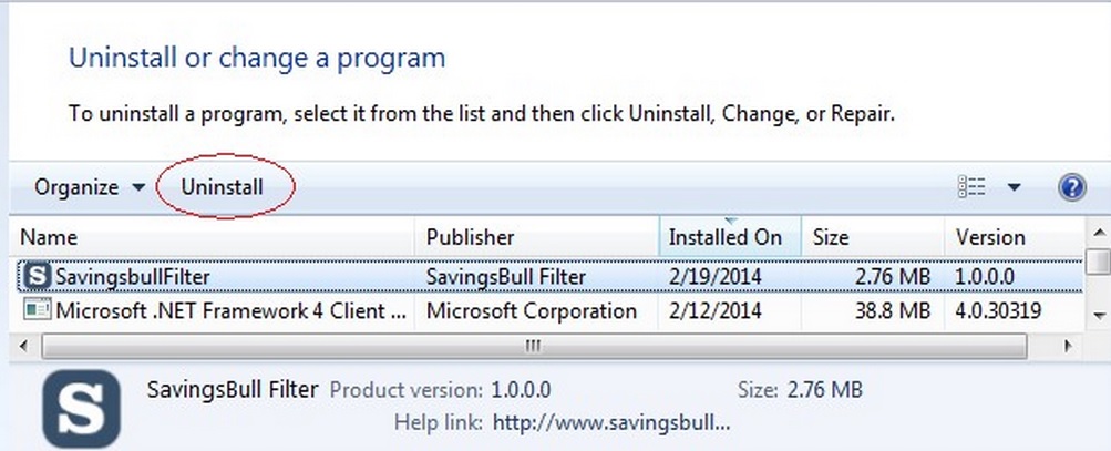 uninstall savings bull filter
