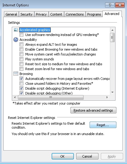 IE reset