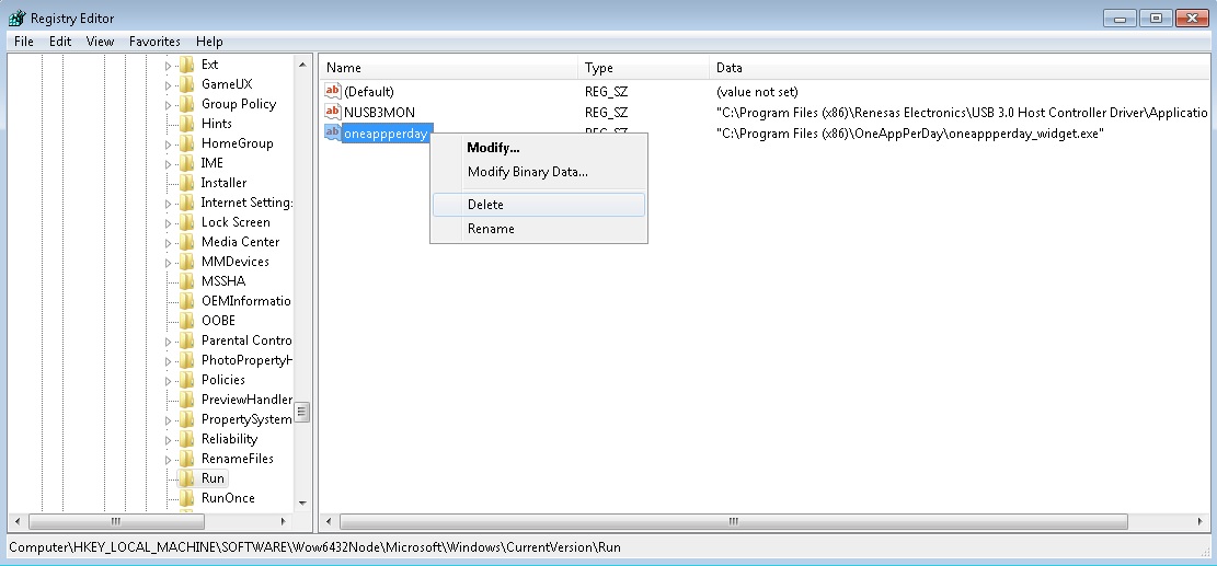delete oneappperday registry key