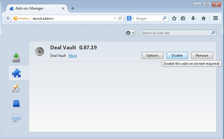 disable deal vault addon from-firefox