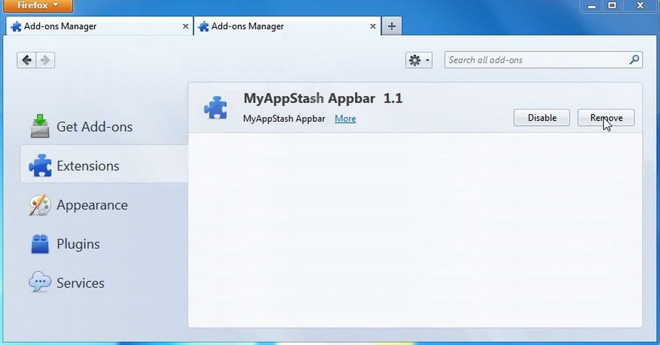 remove myappstash from firefox