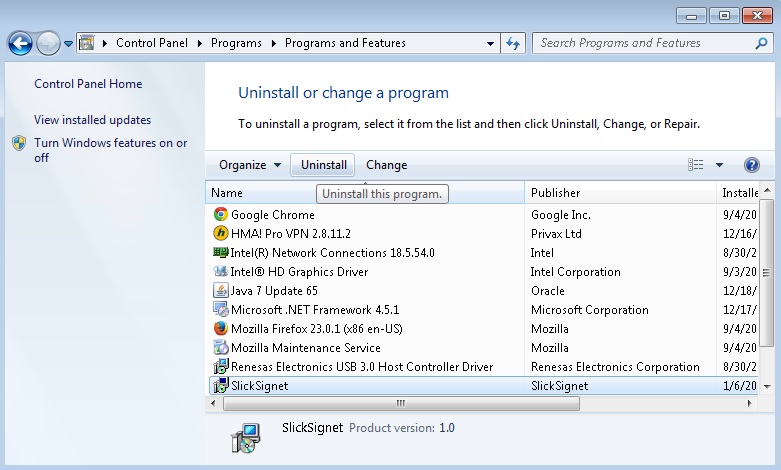uninstall slicksignet