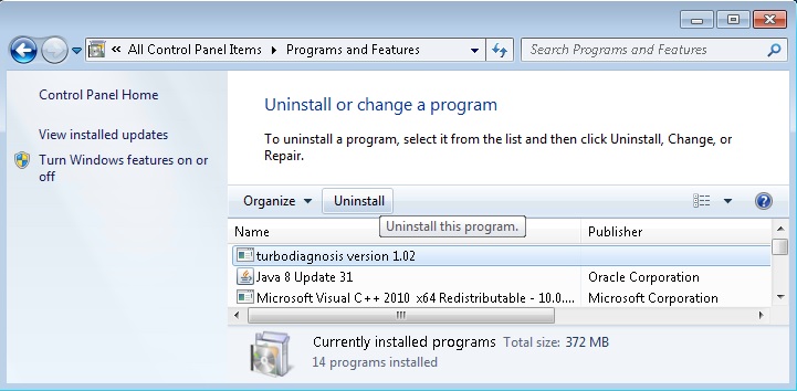 uninstall turbo diagnosis